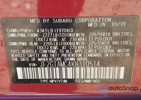 2019 Subaru Crosstrek 2.0I Limited from USA, damaged, VIN JF2GTAMC4KH310514
